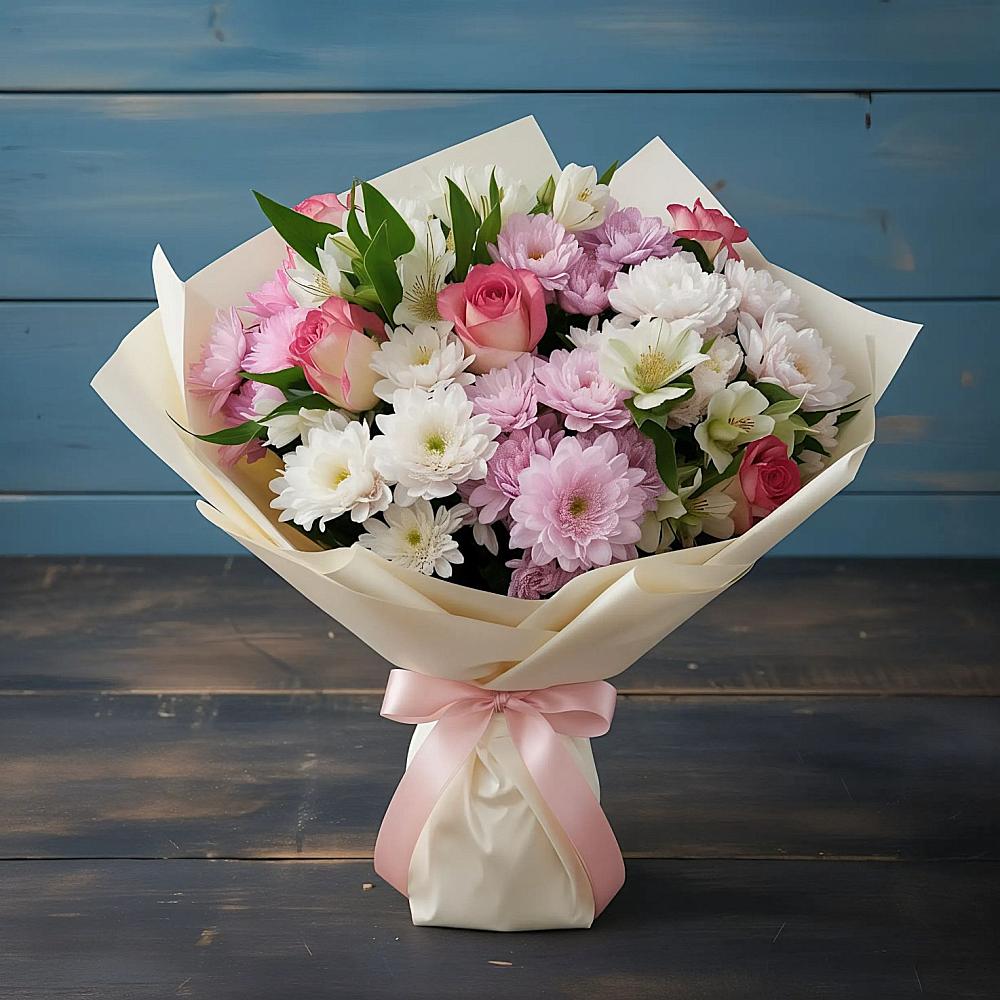 Букет цветов из: Хризантемы, Альстромерии и Розы в Еманжелинка